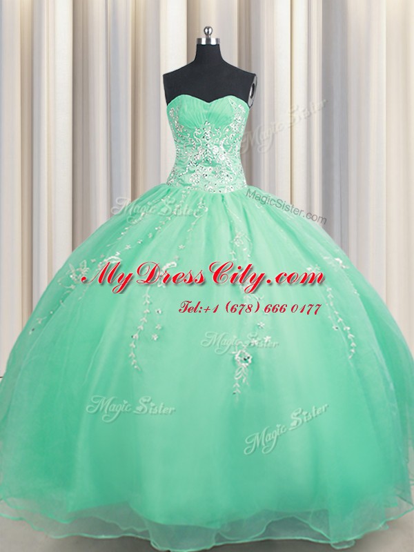 Unique Zipper Up Apple Green Zipper Quinceanera Gowns Beading and Appliques Sleeveless Floor Length