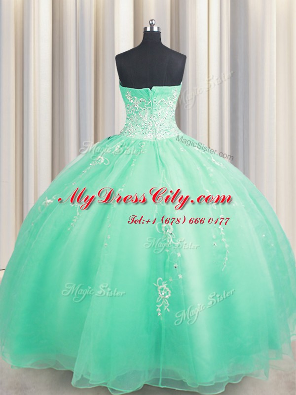 Unique Zipper Up Apple Green Zipper Quinceanera Gowns Beading and Appliques Sleeveless Floor Length