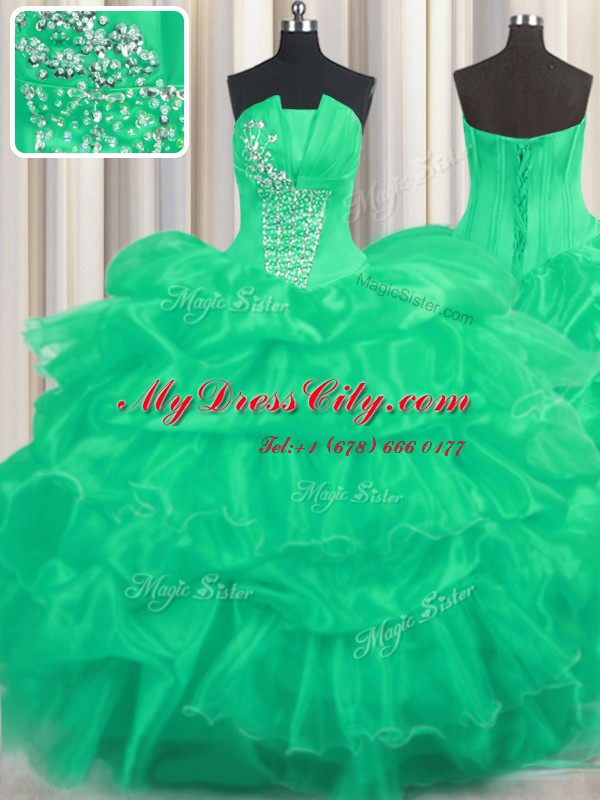 Turquoise Strapless Lace Up Beading and Ruffled Layers and Pick Ups Quinceanera Gown Sleeveless