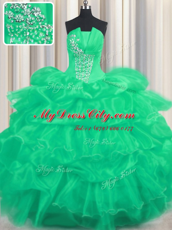 Turquoise Strapless Lace Up Beading and Ruffled Layers and Pick Ups Quinceanera Gown Sleeveless