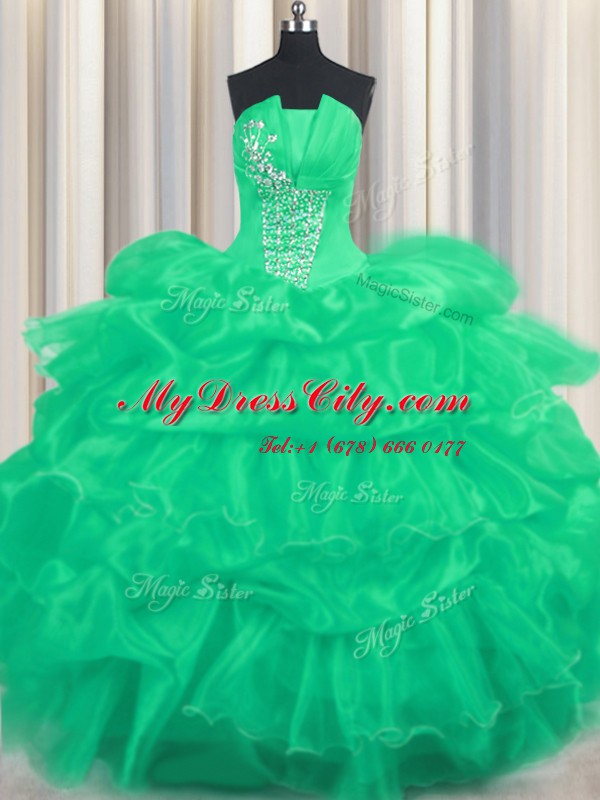 Turquoise Strapless Lace Up Beading and Ruffled Layers and Pick Ups Quinceanera Gown Sleeveless