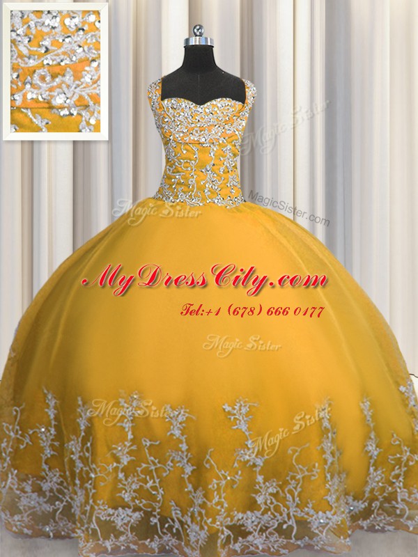 Custom Fit Straps Sleeveless 15 Quinceanera Dress Floor Length Beading and Appliques Gold Tulle