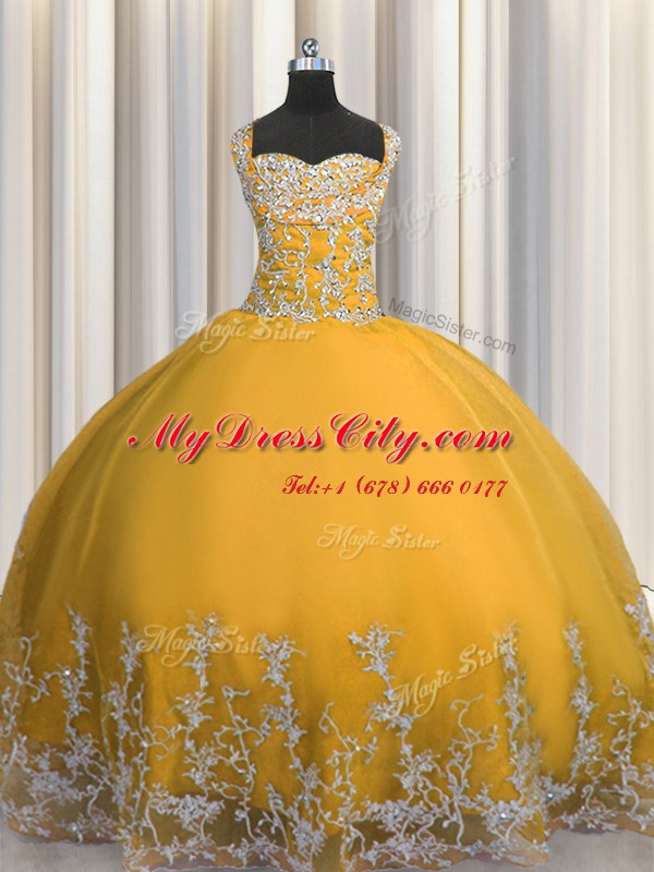 Custom Fit Straps Sleeveless 15 Quinceanera Dress Floor Length Beading and Appliques Gold Tulle