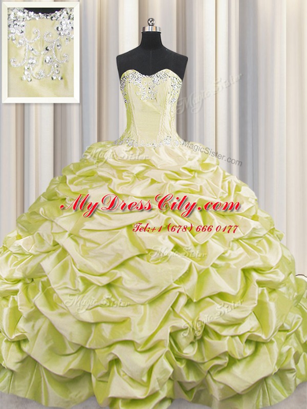 Adorable Brush Train Light Yellow Ball Gowns Taffeta Sweetheart Sleeveless Beading and Pick Ups Lace Up Sweet 16 Dresses Sweep Train