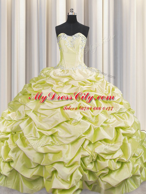 Adorable Brush Train Light Yellow Ball Gowns Taffeta Sweetheart Sleeveless Beading and Pick Ups Lace Up Sweet 16 Dresses Sweep Train