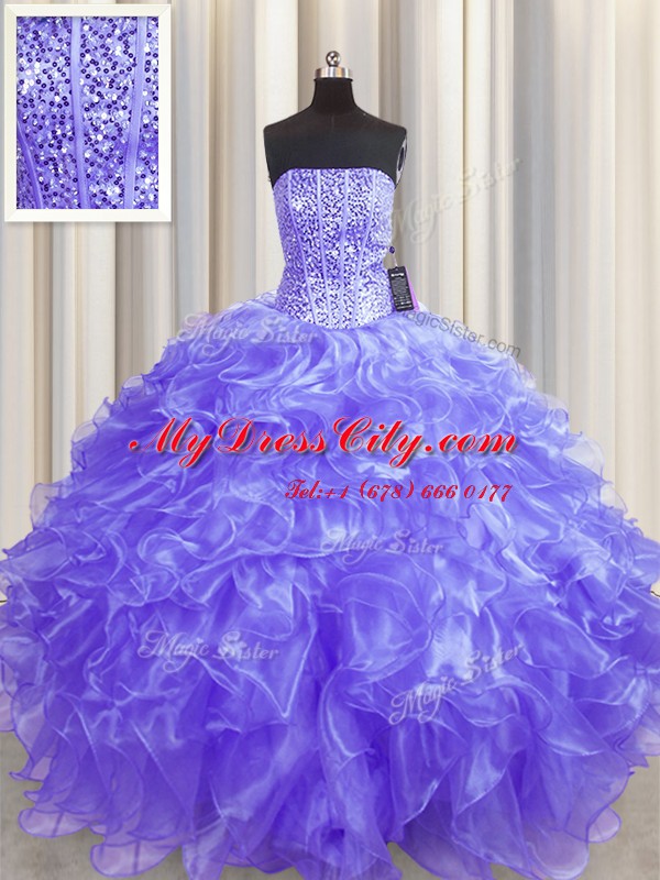 Cheap Visible Boning Lavender Ball Gowns Organza Strapless Sleeveless Beading and Ruffles Floor Length Lace Up Quinceanera Dress