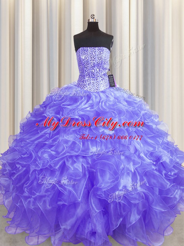 Cheap Visible Boning Lavender Ball Gowns Organza Strapless Sleeveless Beading and Ruffles Floor Length Lace Up Quinceanera Dress