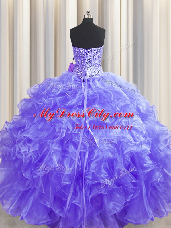 Cheap Visible Boning Lavender Ball Gowns Organza Strapless Sleeveless Beading and Ruffles Floor Length Lace Up Quinceanera Dress