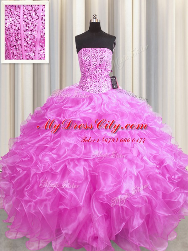 Cute Visible Boning Organza Sleeveless Floor Length Quinceanera Gown and Beading and Ruffles