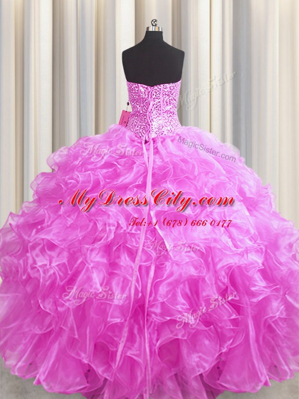 Cute Visible Boning Organza Sleeveless Floor Length Quinceanera Gown and Beading and Ruffles