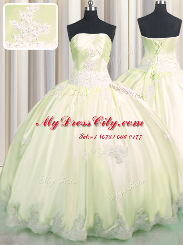 Light Yellow Lace Up Strapless Beading and Appliques Quinceanera Dresses Taffeta Sleeveless