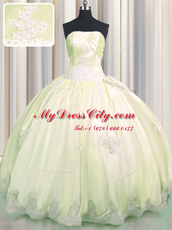 Light Yellow Lace Up Strapless Beading and Appliques Quinceanera Dresses Taffeta Sleeveless