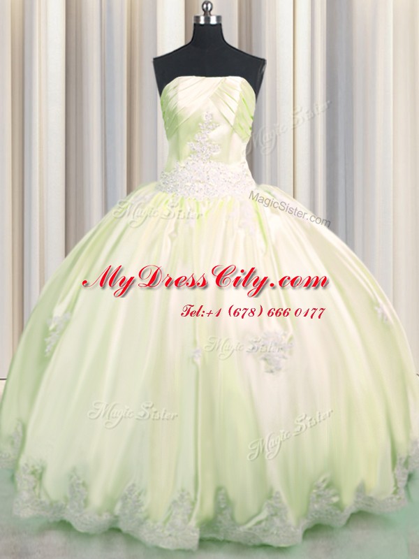 Light Yellow Lace Up Strapless Beading and Appliques Quinceanera Dresses Taffeta Sleeveless