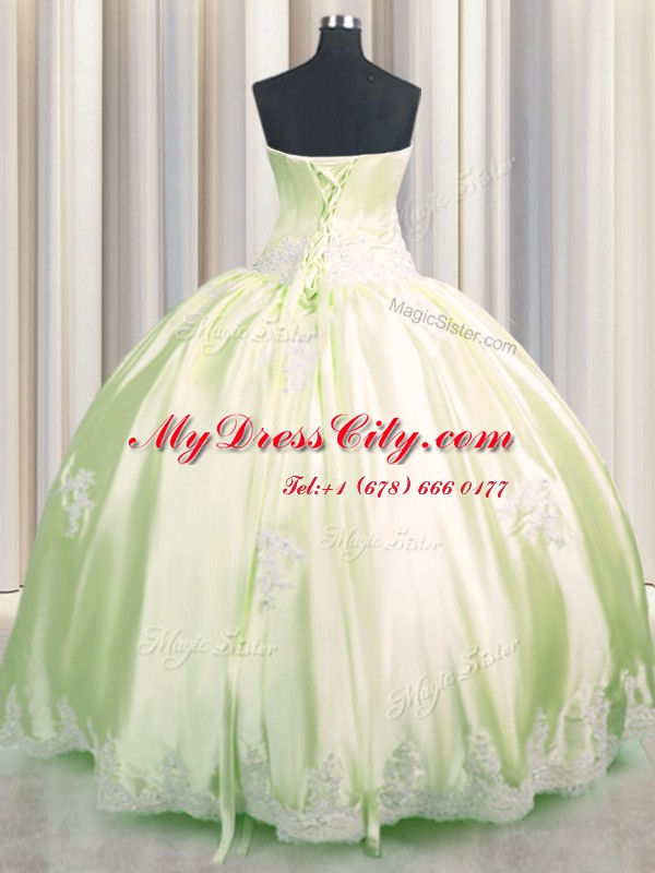 Light Yellow Lace Up Strapless Beading and Appliques Quinceanera Dresses Taffeta Sleeveless