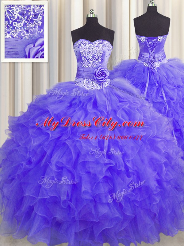 Handcrafted Flower Lavender Organza Lace Up Quinceanera Dress Sleeveless Floor Length Beading and Ruffles and Hand Made Flower