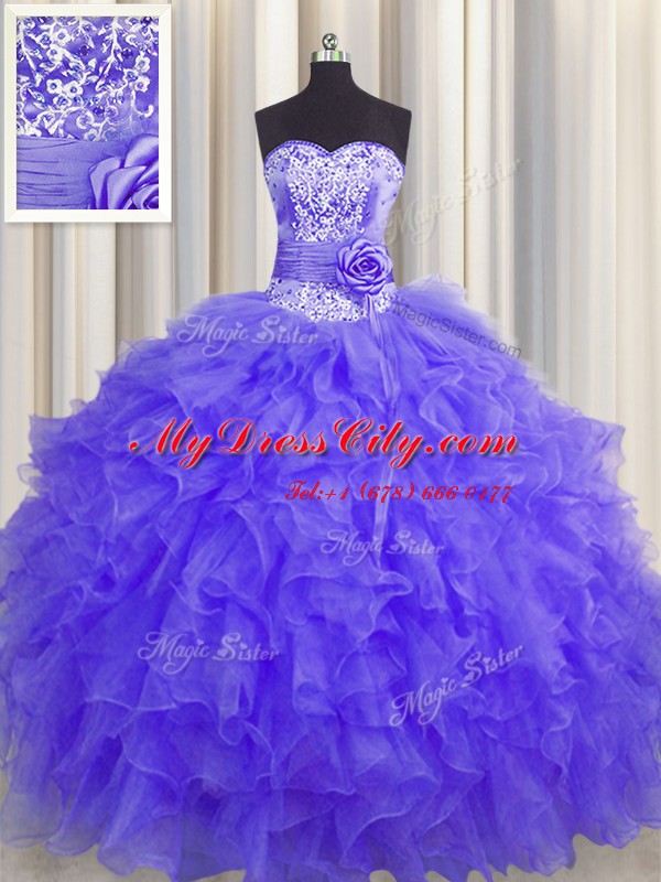 Handcrafted Flower Lavender Organza Lace Up Quinceanera Dress Sleeveless Floor Length Beading and Ruffles and Hand Made Flower