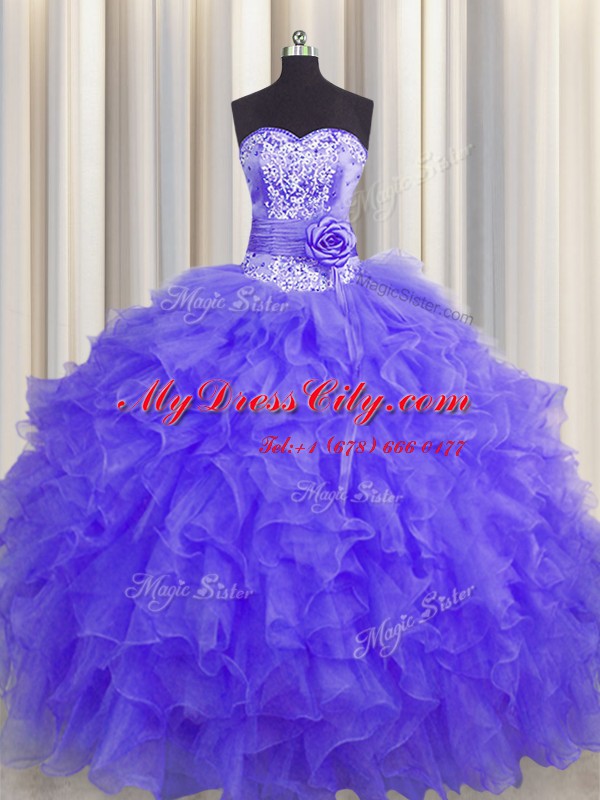 Handcrafted Flower Lavender Organza Lace Up Quinceanera Dress Sleeveless Floor Length Beading and Ruffles and Hand Made Flower