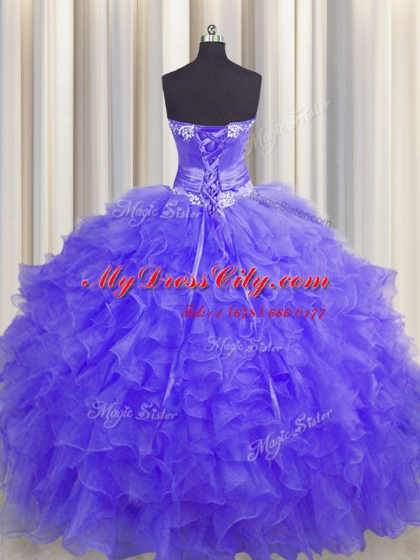 Handcrafted Flower Lavender Organza Lace Up Quinceanera Dress Sleeveless Floor Length Beading and Ruffles and Hand Made Flower