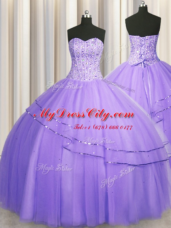 Hot Sale Visible Boning Big Puffy Lavender Sweetheart Lace Up Beading Quinceanera Dress Sleeveless