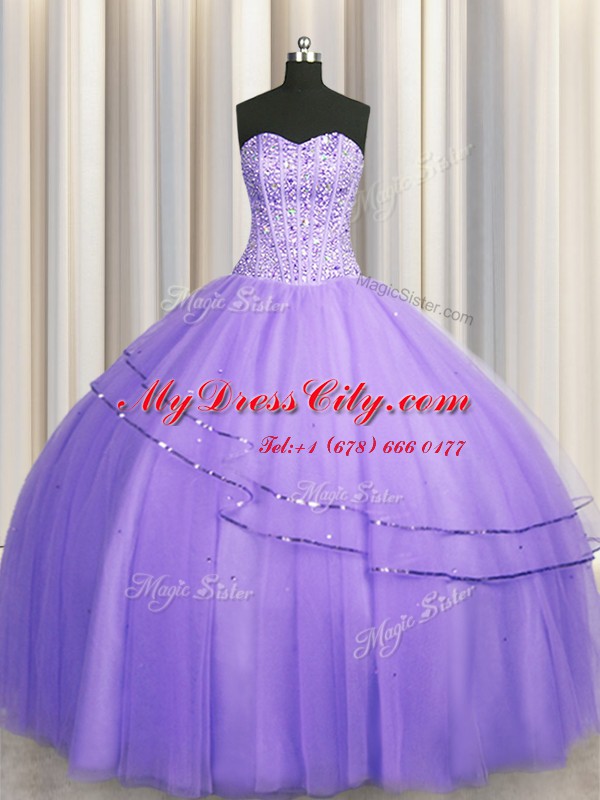 Hot Sale Visible Boning Big Puffy Lavender Sweetheart Lace Up Beading Quinceanera Dress Sleeveless