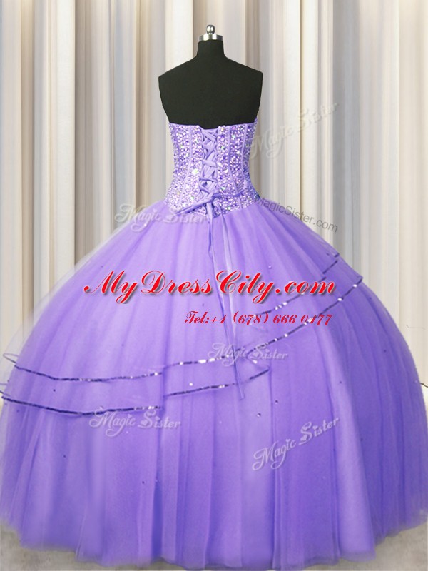 Hot Sale Visible Boning Big Puffy Lavender Sweetheart Lace Up Beading Quinceanera Dress Sleeveless