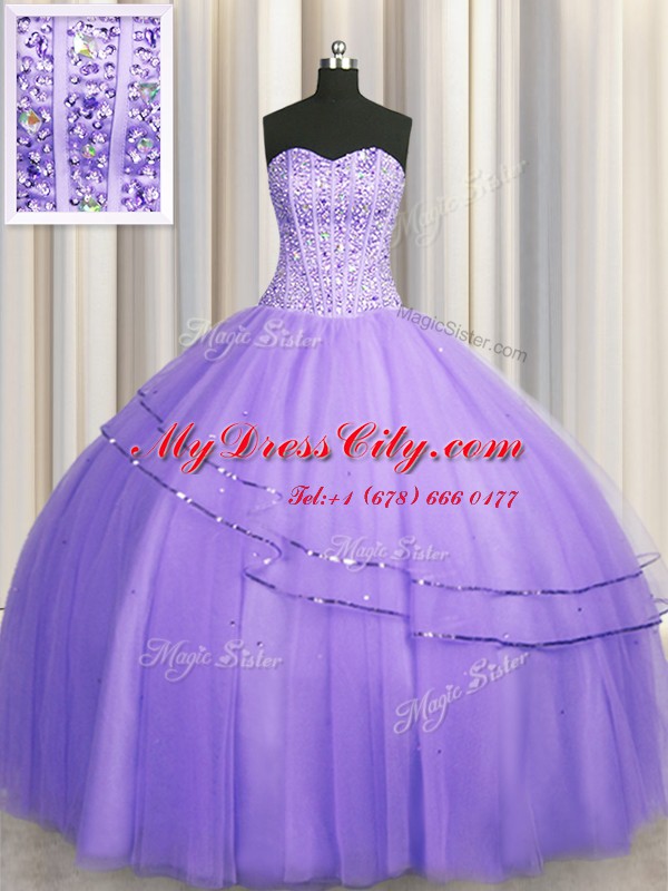 Hot Sale Visible Boning Big Puffy Lavender Sweetheart Lace Up Beading Quinceanera Dress Sleeveless