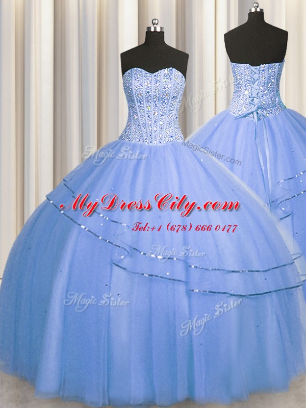 Delicate Visible Boning Big Puffy Blue Sleeveless Tulle Lace Up Quinceanera Gown for Military Ball and Sweet 16 and Quinceanera