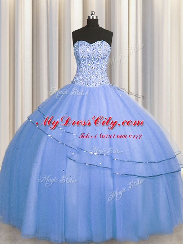 Delicate Visible Boning Big Puffy Blue Sleeveless Tulle Lace Up Quinceanera Gown for Military Ball and Sweet 16 and Quinceanera