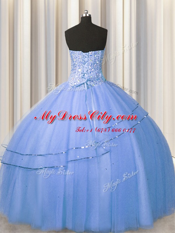 Delicate Visible Boning Big Puffy Blue Sleeveless Tulle Lace Up Quinceanera Gown for Military Ball and Sweet 16 and Quinceanera