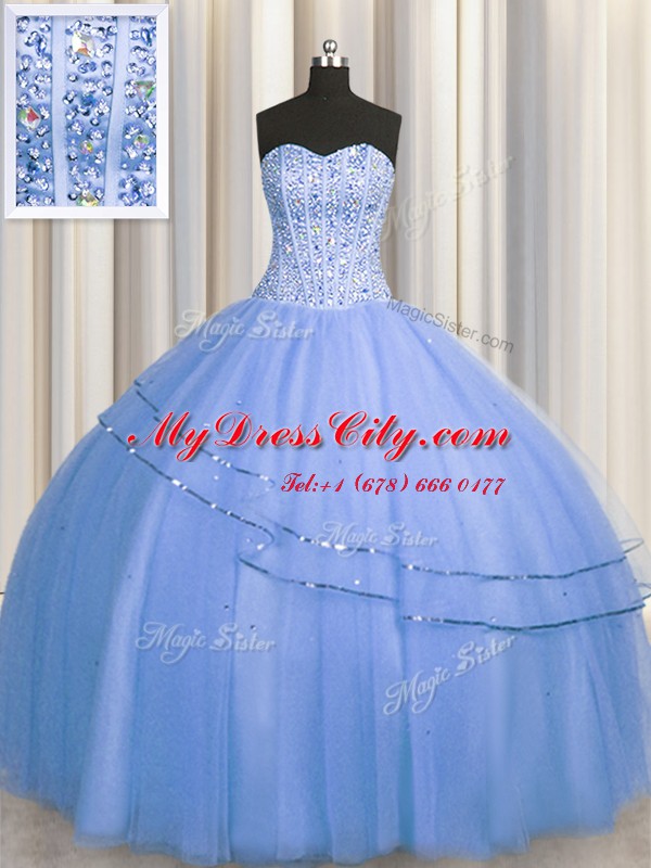 Delicate Visible Boning Big Puffy Blue Sleeveless Tulle Lace Up Quinceanera Gown for Military Ball and Sweet 16 and Quinceanera