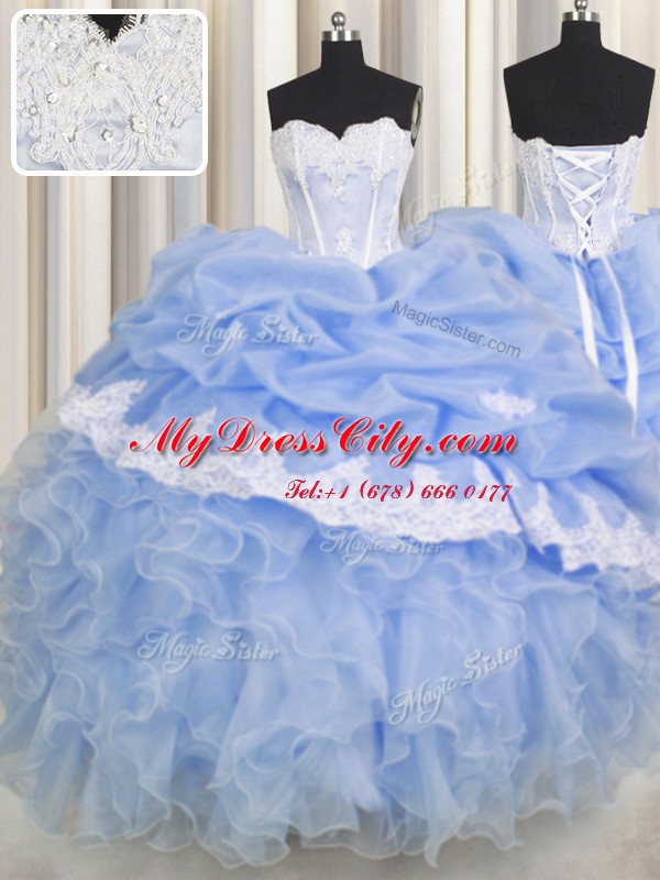 Custom Made Organza Sleeveless Floor Length Quinceanera Gowns and Beading and Appliques and Ruffled Layers