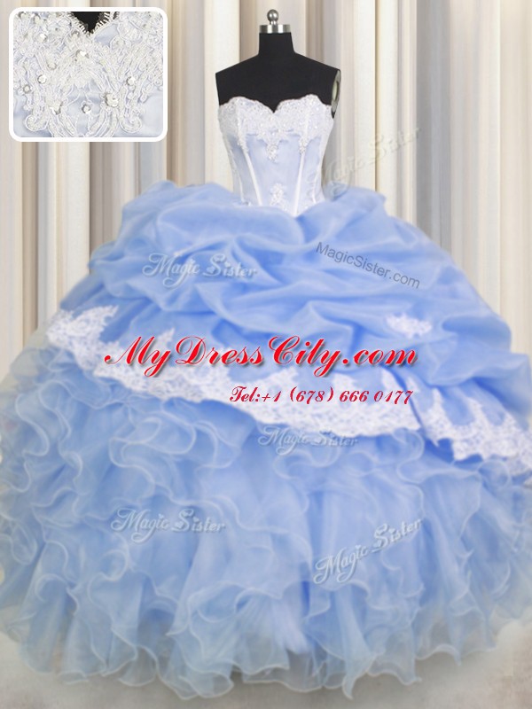 Custom Made Organza Sleeveless Floor Length Quinceanera Gowns and Beading and Appliques and Ruffled Layers