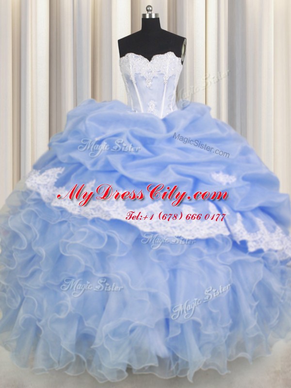 Custom Made Organza Sleeveless Floor Length Quinceanera Gowns and Beading and Appliques and Ruffled Layers