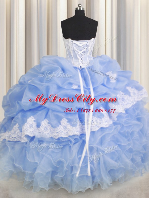 Custom Made Organza Sleeveless Floor Length Quinceanera Gowns and Beading and Appliques and Ruffled Layers