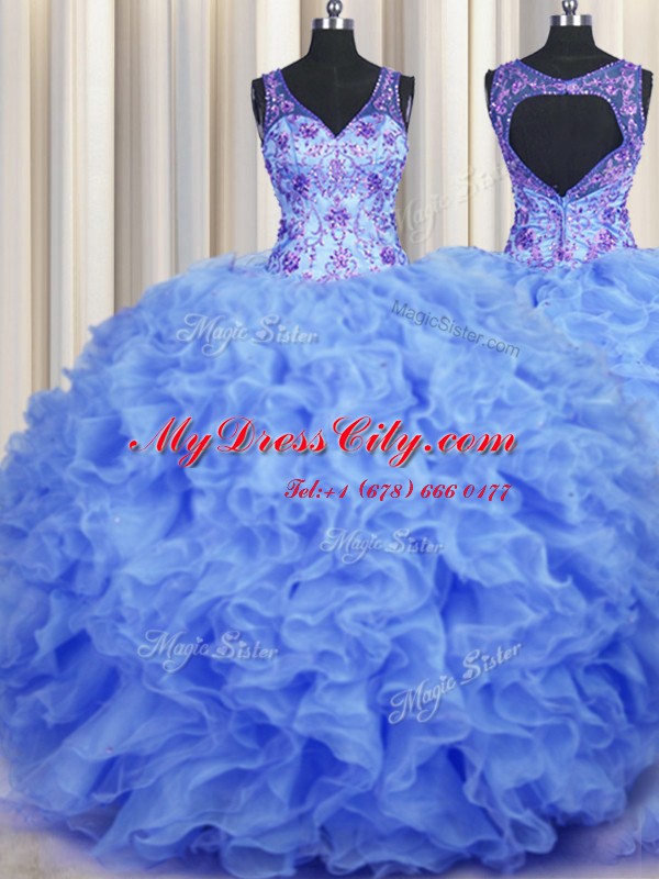 Blue Zipper V-neck Beading and Appliques and Ruffles Quinceanera Dresses Organza Sleeveless