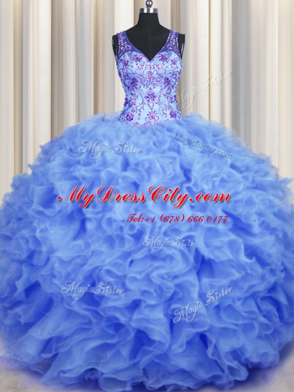 Blue Zipper V-neck Beading and Appliques and Ruffles Quinceanera Dresses Organza Sleeveless