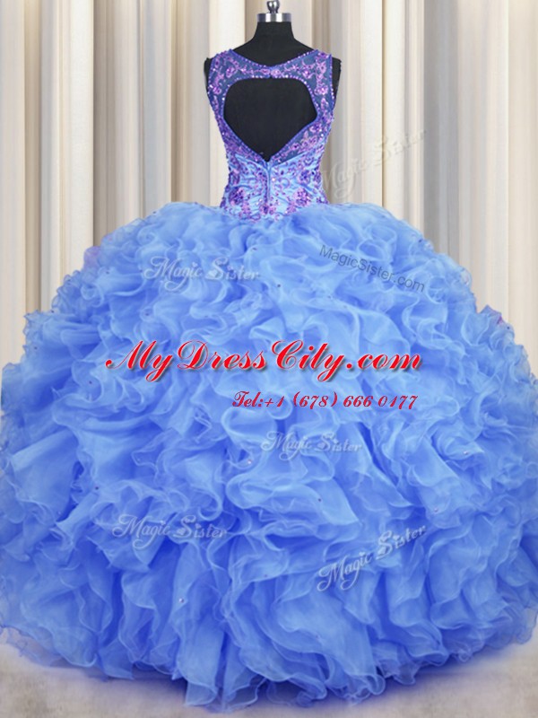 Blue Zipper V-neck Beading and Appliques and Ruffles Quinceanera Dresses Organza Sleeveless