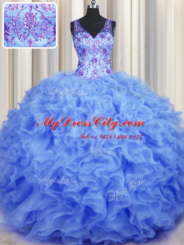 Blue Zipper V-neck Beading and Appliques and Ruffles Quinceanera Dresses Organza Sleeveless