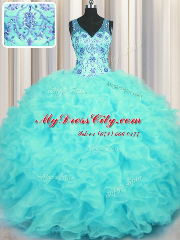 Super V Neck Aqua Blue Sleeveless Organza Zipper Sweet 16 Dresses for Military Ball and Sweet 16 and Quinceanera