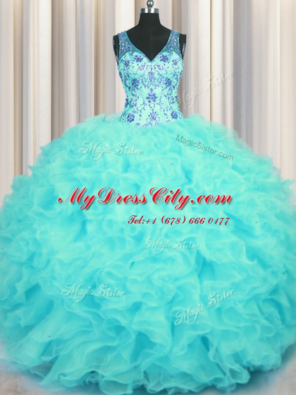 Super V Neck Aqua Blue Sleeveless Organza Zipper Sweet 16 Dresses for Military Ball and Sweet 16 and Quinceanera