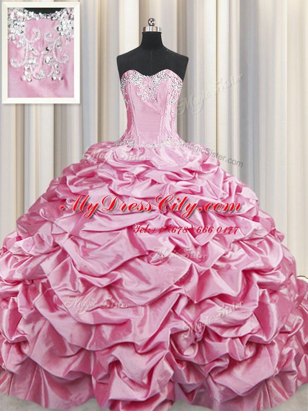 Low Price Rose Pink Taffeta Lace Up Sweet 16 Quinceanera Dress Sleeveless Brush Train Beading and Pick Ups