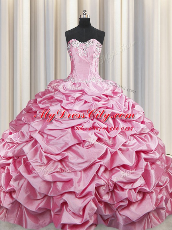 Low Price Rose Pink Taffeta Lace Up Sweet 16 Quinceanera Dress Sleeveless Brush Train Beading and Pick Ups