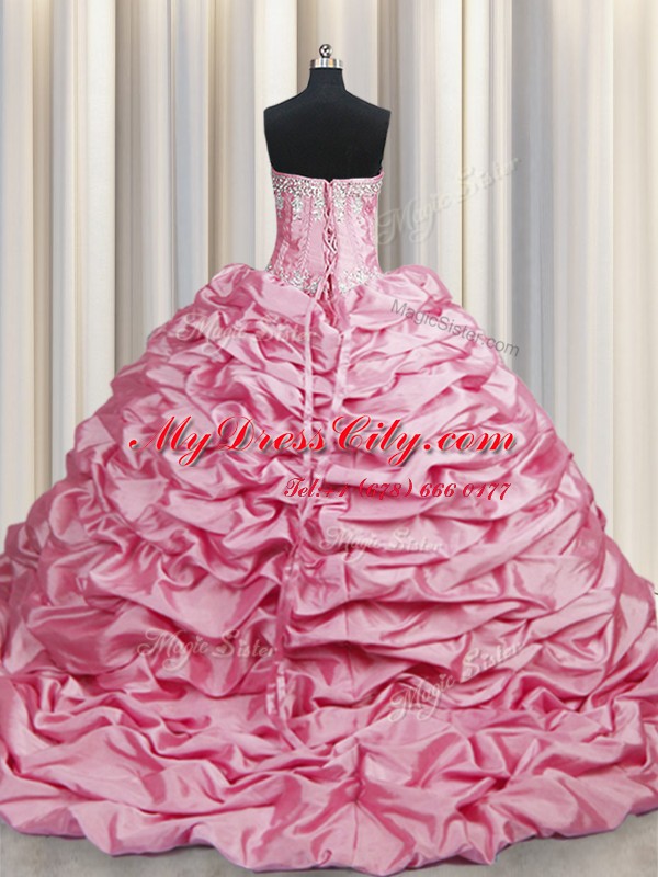 Low Price Rose Pink Taffeta Lace Up Sweet 16 Quinceanera Dress Sleeveless Brush Train Beading and Pick Ups