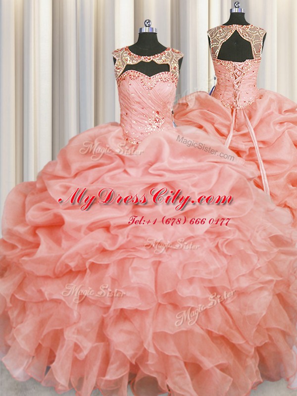 Baby Pink Organza Lace Up Scoop Sleeveless Floor Length Quinceanera Gown Beading and Pick Ups