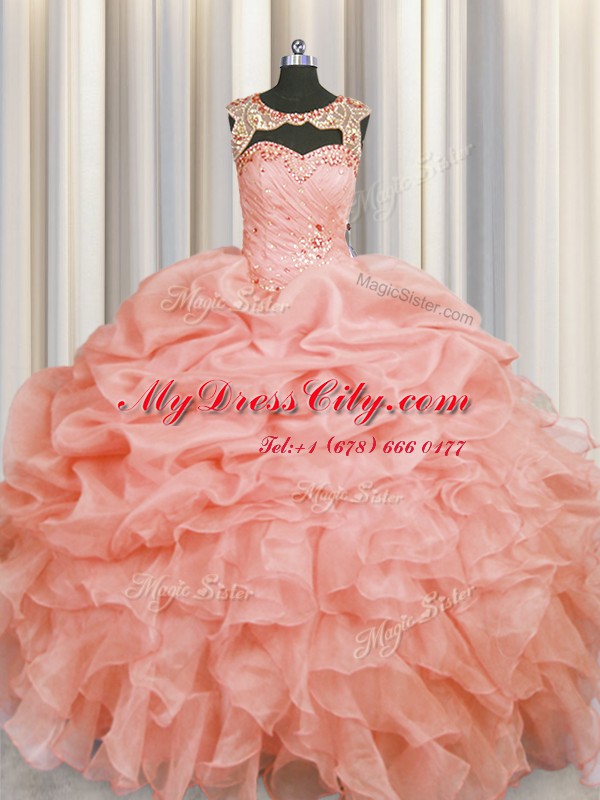 Baby Pink Organza Lace Up Scoop Sleeveless Floor Length Quinceanera Gown Beading and Pick Ups