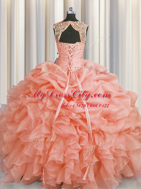 Baby Pink Organza Lace Up Scoop Sleeveless Floor Length Quinceanera Gown Beading and Pick Ups