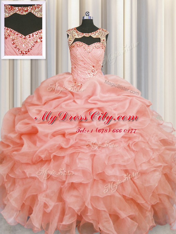 Baby Pink Organza Lace Up Scoop Sleeveless Floor Length Quinceanera Gown Beading and Pick Ups