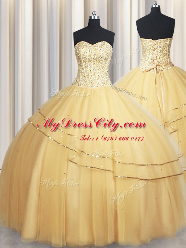 Visible Boning Big Puffy Sweetheart Sleeveless Lace Up Quinceanera Gowns Champagne Organza