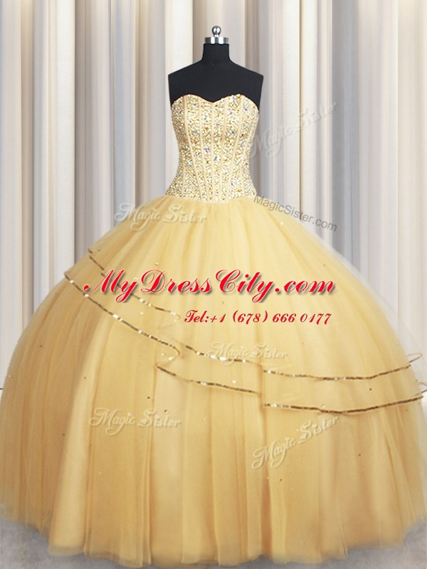 Visible Boning Big Puffy Sweetheart Sleeveless Lace Up Quinceanera Gowns Champagne Organza