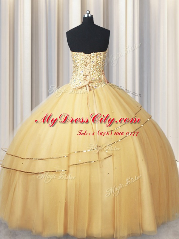 Visible Boning Big Puffy Sweetheart Sleeveless Lace Up Quinceanera Gowns Champagne Organza